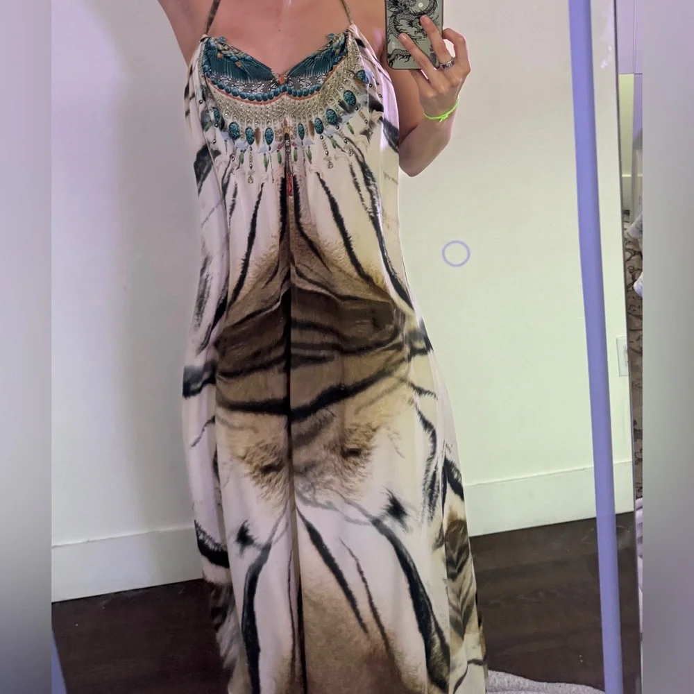 INTERMIX Camilla Printed Maxi Dress in Teal, Orange & Cream w Tiger Tribal Print - Picture 2 of 10